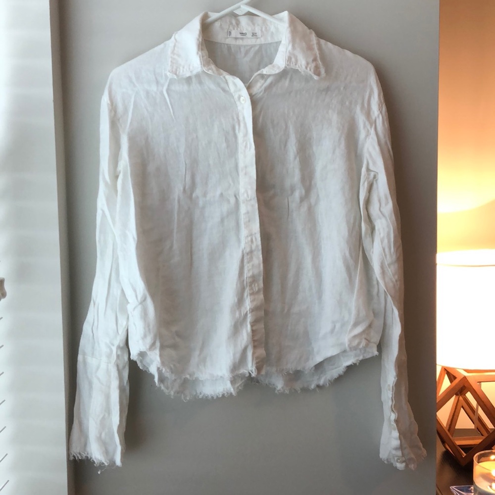 White MANGO Distressed Linen Button Down